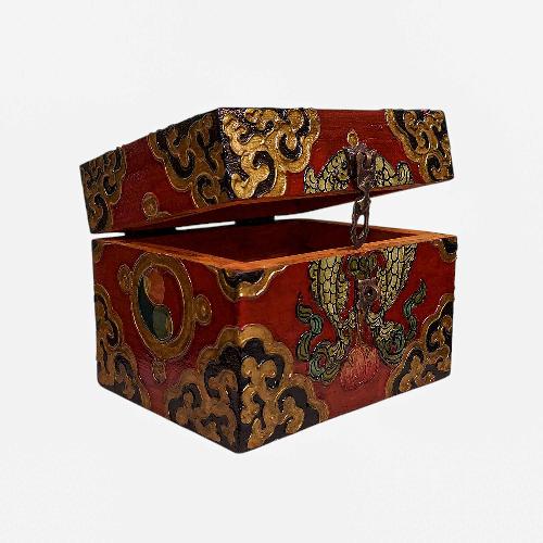 Buddhist Wooden Box, Tibetan Style With Traditional Colors