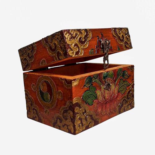 Buddhist Wooden Box, Tibetan Style With Traditional Colors