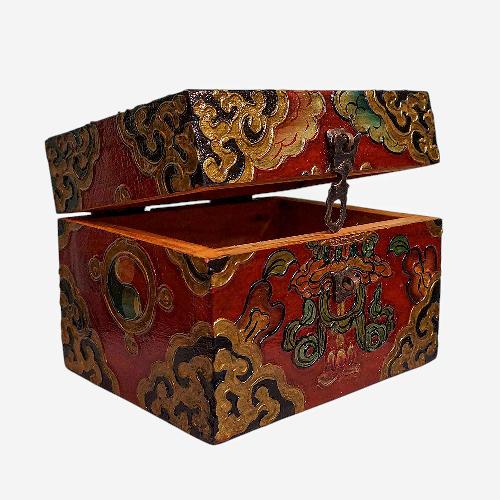 Buddhist Wooden Box, Tibetan Style With Traditional Colors