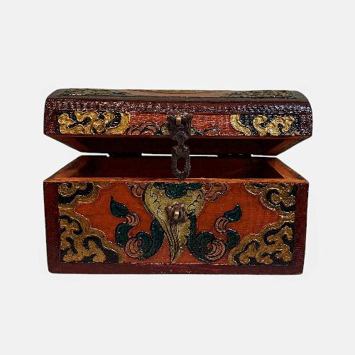 Buddhist Wooden Box, Tibetan Style With Traditional Colors