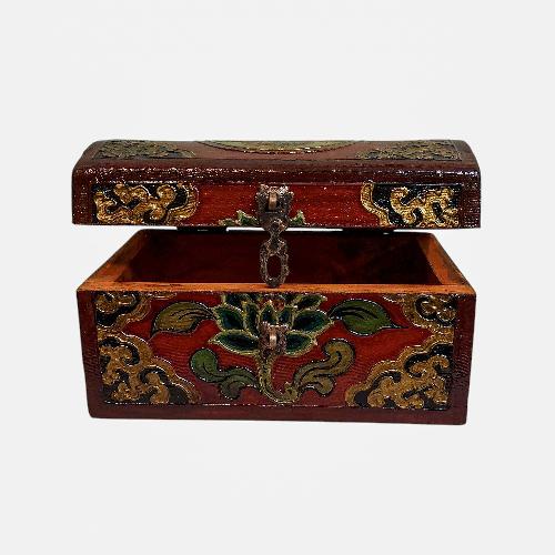 Buddhist Wooden Box, Tibetan Style With Traditional Colors