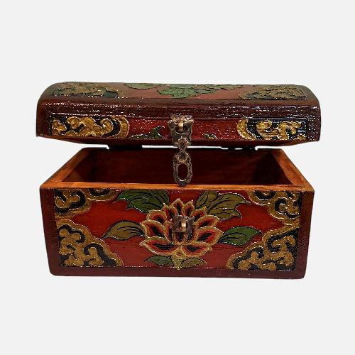 Buddhist Wooden Box, Tibetan Style With Traditional Colors