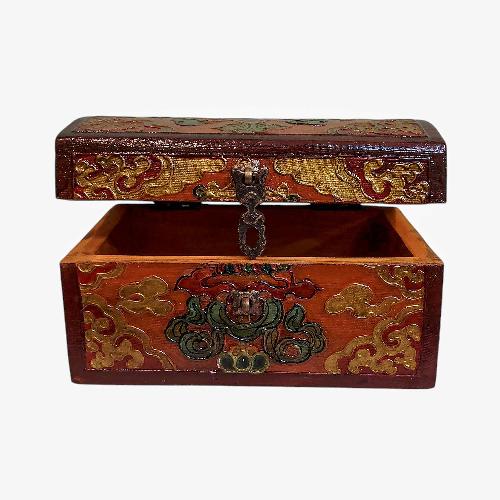 Buddhist Wooden Box, Tibetan Style With Traditional Colors