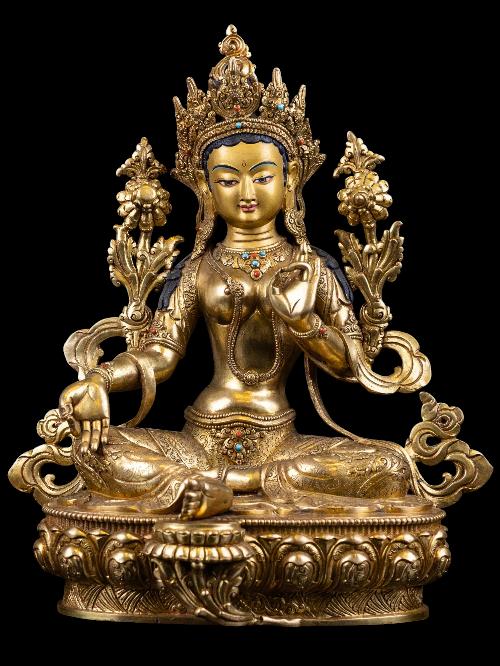 [green Tara], Buddhist Handmade Statue, [full Gold Plated], [face Painted] And [high Quality]