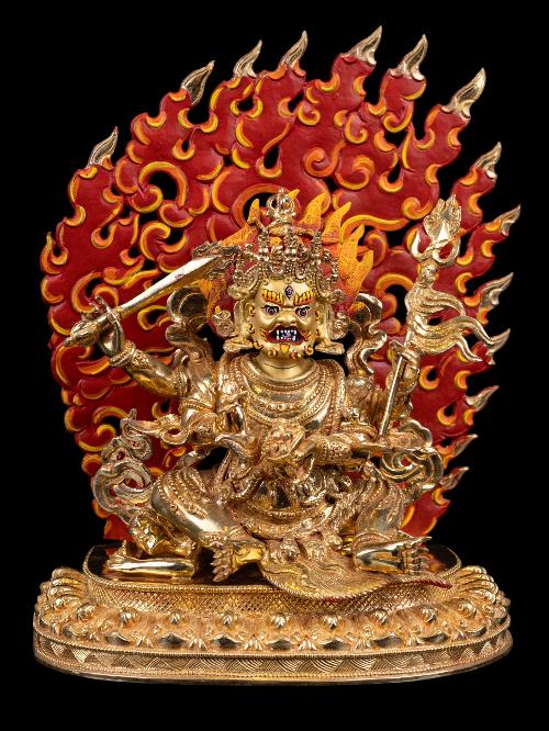 mahakala Four Arms, Buddhist Handmade Statue, full Gold Plated, face Painted And high Quality