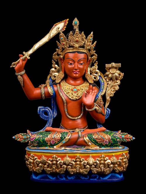 manjushri, Buddhist Handmade Statue, half Gold Plated, thangka Color Finishing, High Quality