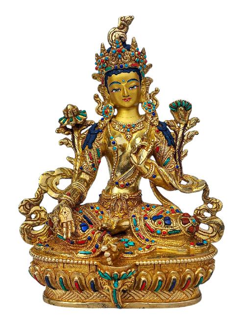 [green Tara], Buddhist Handmade Statue, [full Gold Plated], [face Painted], [stone Setting] And [high Quality]