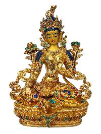 [green Tara], Buddhist Handmade Statue, [full Gold Plated], [face Painted], [stone Setting] And [high Quality]