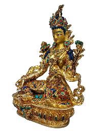 [green Tara], Buddhist Handmade Statue, [full Gold Plated], [face Painted], [stone Setting] And [high Quality]