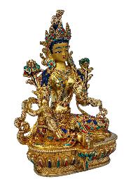 [green Tara], Buddhist Handmade Statue, [full Gold Plated], [face Painted], [stone Setting] And [high Quality]