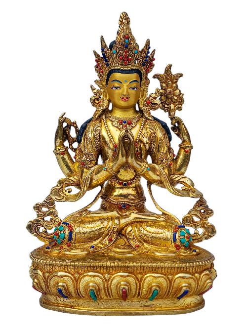 [chenrezig], Buddhist Handmade Statue, [full Gold Plated], [face Painted], [stone Setting] And [high Quality]