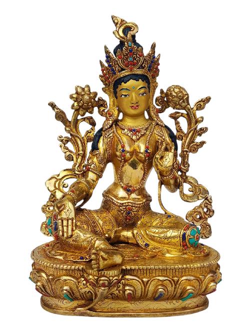 [green Tara], Buddhist Handmade Statue, [full Gold Plated], [face Painted], [stone Setting] And [high Quality]