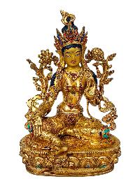 [green Tara], Buddhist Handmade Statue, [full Gold Plated], [face Painted], [stone Setting] And [high Quality]