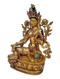 [green Tara], Buddhist Handmade Statue, [full Gold Plated], [face Painted], [stone Setting] And [high Quality]