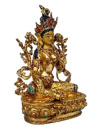 [green Tara], Buddhist Handmade Statue, [full Gold Plated], [face Painted], [stone Setting] And [high Quality]