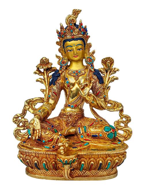 [green Tara], Buddhist Handmade Statue, [full Gold Plated], [face Painted], [stone Setting] And [high Quality]