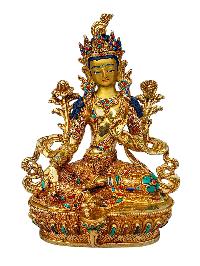 [green Tara], Buddhist Handmade Statue, [full Gold Plated], [face Painted], [stone Setting] And [high Quality]