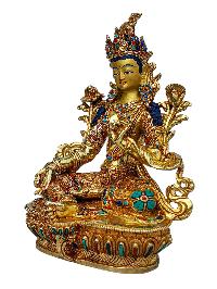 [green Tara], Buddhist Handmade Statue, [full Gold Plated], [face Painted], [stone Setting] And [high Quality]