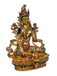 [green Tara], Buddhist Handmade Statue, [full Gold Plated], [face Painted], [stone Setting] And [high Quality]