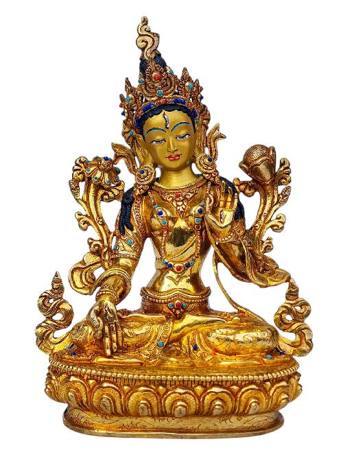 [white Tara], Buddhist Handmade Statue, [full Gold Plated], [face Painted], [stone Setting] And [high Quality]