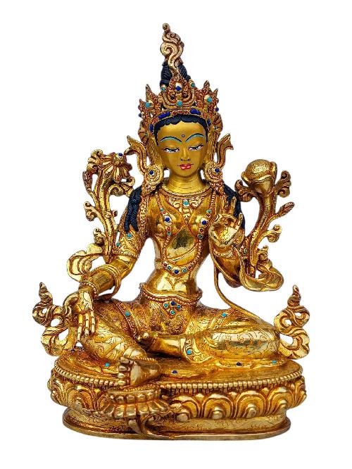 [green Tara], Buddhist Handmade Statue, [full Gold Plated], [face Painted], [stone Setting] And [high Quality]