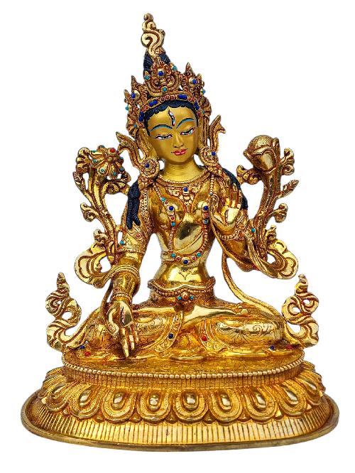 [white Tara], Buddhist Handmade Statue, [full Gold Plated], [face Painted], [stone Setting] And [high Quality]