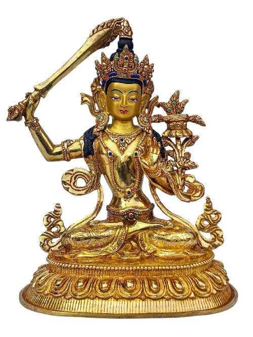 [manjushri], Buddhist Handmade Statue, [full Gold Plated], [face Painted], [stone Setting] And [high Quality]