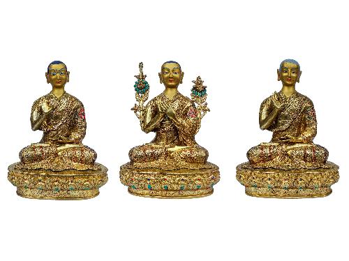 tsongkhapa Set, Buddhist Handmade Statue, full Gold Plated, face Painted, stone Setting And high Quality