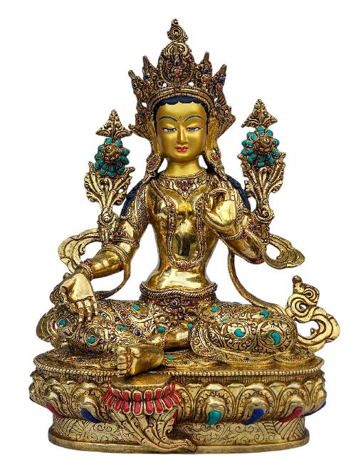 green Tara, Buddhist Handmade Statue, full Gold Plated, face Painted, stone Setting And high Quality