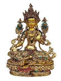 [green Tara], Buddhist Handmade Statue, [full Gold Plated], [face Painted], [stone Setting] And [high Quality]