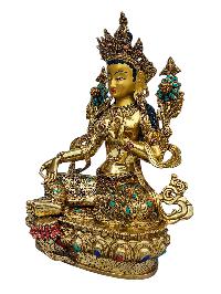 [green Tara], Buddhist Handmade Statue, [full Gold Plated], [face Painted], [stone Setting] And [high Quality]