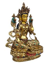 [green Tara], Buddhist Handmade Statue, [full Gold Plated], [face Painted], [stone Setting] And [high Quality]