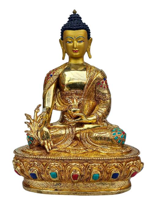 medicine Buddha, Buddhist Handmade Statue, full Gold Plated, face Painted, stone Setting And high Quality