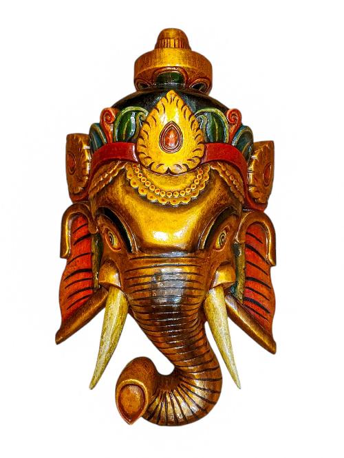 ganesh, Handmade Wooden Mask, Wall Hanging, Painted, Poplar Wood, High Quality