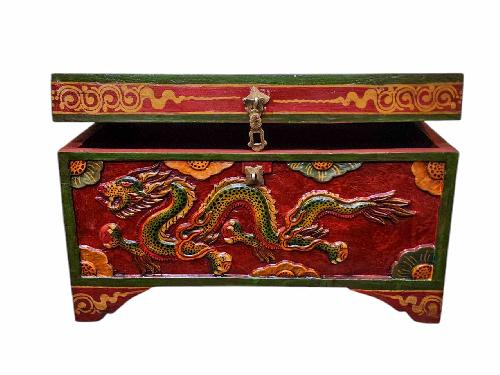 Buddhist Wooden Box With Dragon Carved, Tibetan Style With Traditional Colors