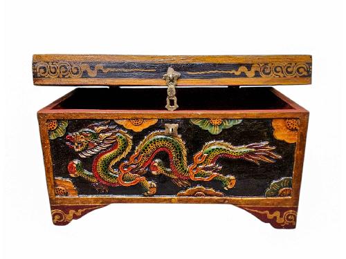 Buddhist Wooden Box With Dragon Carved, Tibetan Style With Traditional Colors