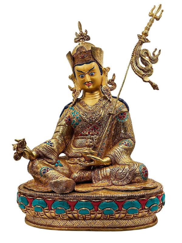 [padmasambhava], Buddhist Handmade Statue, [full Gold Plated], [face Painted], [stone Setting] And [high Quality]