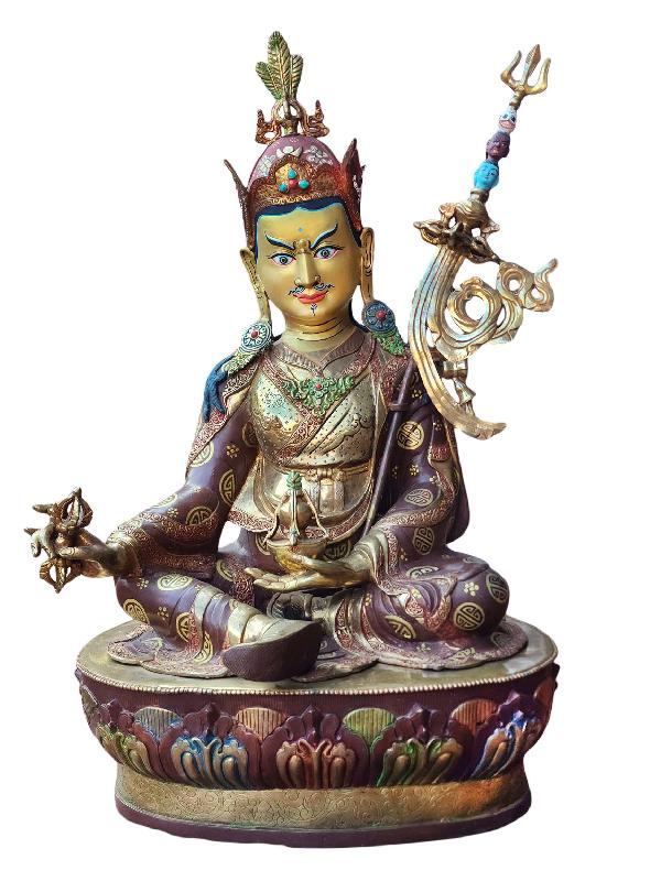 [padmasambhava], Buddhist Handmade Statue, [half Gold Plated And Chocolate Oxidized],  [face Painted] And [high Quality]