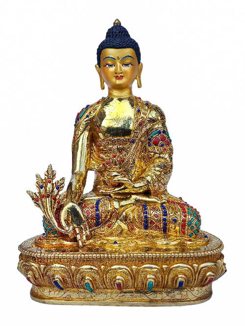 [medicine Buddha], Buddhist Handmade Statue, [full Gold Plated], [face Painted], [stone Setting] And [high Quality