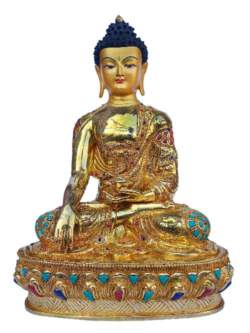 [shakyamuni Buddha], Buddhist Handmade Statue, [full Gold Plated], [face Painted], [stone Setting] And [high Quality