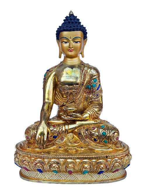 [shakyamuni Buddha], Buddhist Handmade Statue, [full Gold Plated], [face Painted], [stone Setting] And [high Quality