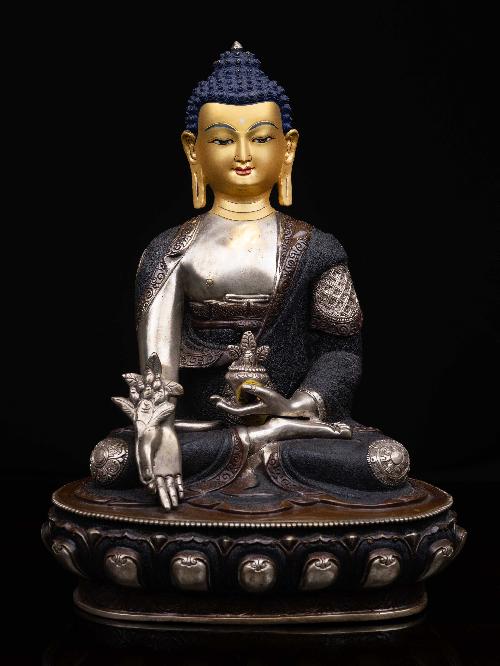 [medicine Buddha], Buddhist Handmade Statue, [silver And Chocolate Oxidized], [face Painted] And [high Quality]