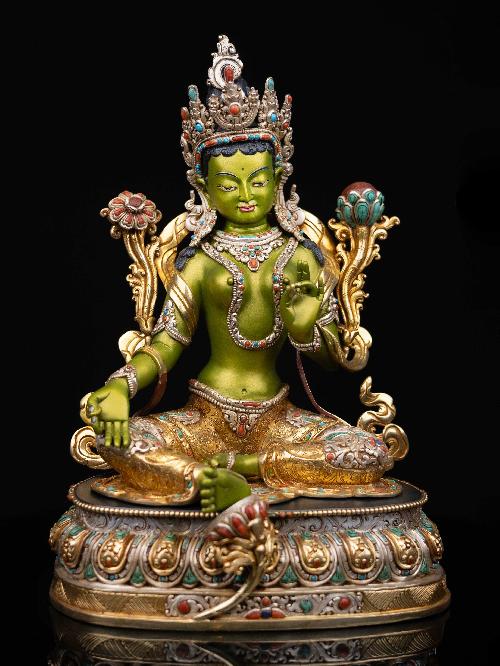 green Tara, Buddhist Handmade Statue, silver And Gold Plated With Traditional Color Finishing, face Painted And high Quality