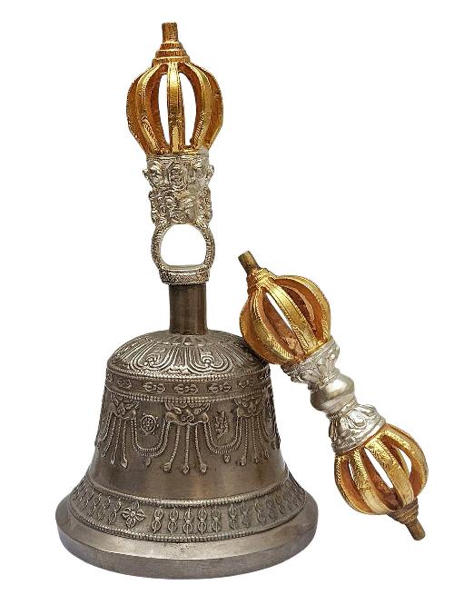 Pure 9 Point Bronze Bell And Vajra dorje Set - Gold And Silver-plated Top, High-quality Sound And Finishing, Made In Dehradun