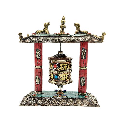 Buddhist Handmade Wall Prayer Wheel With Mantra Inside, [omph], [stone Setting], Table Top