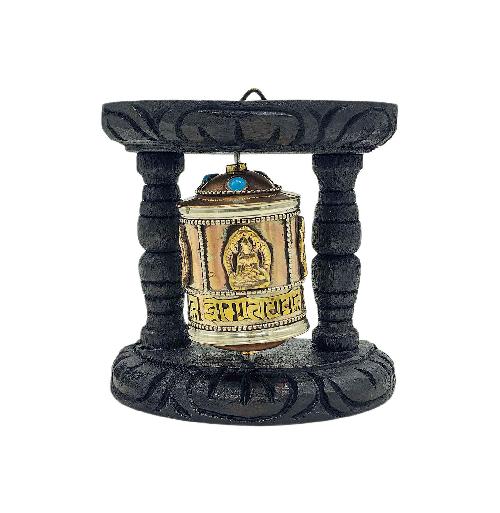 Buddhist Handmade Wall Prayer Wheel With Mantra Inside, stone Setting, omph, Wall Mountable