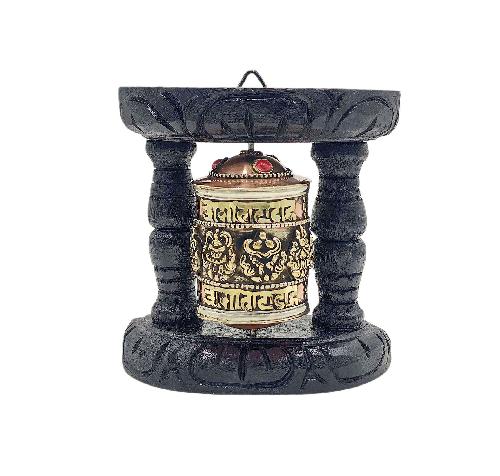 Buddhist Handmade Wall Prayer Wheel With Mantra Inside, [stone Setting], [ashtamangala], Wall Mountable