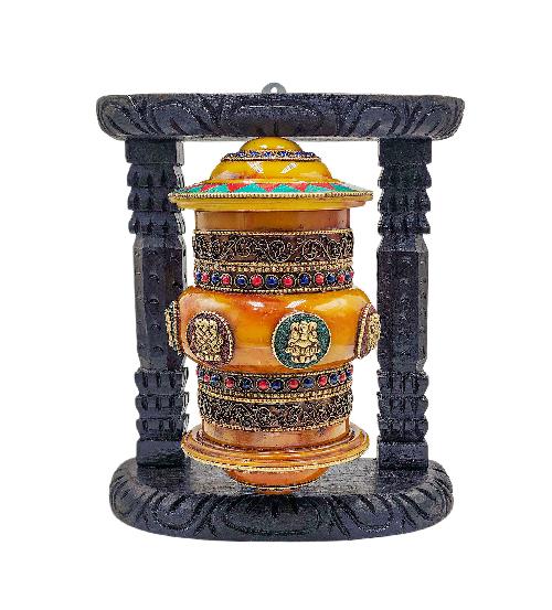 Buddhist Handmade Wall Prayer Wheel With Mantra Inside, [stone Setting], [ashtamangala], Wall Mountable