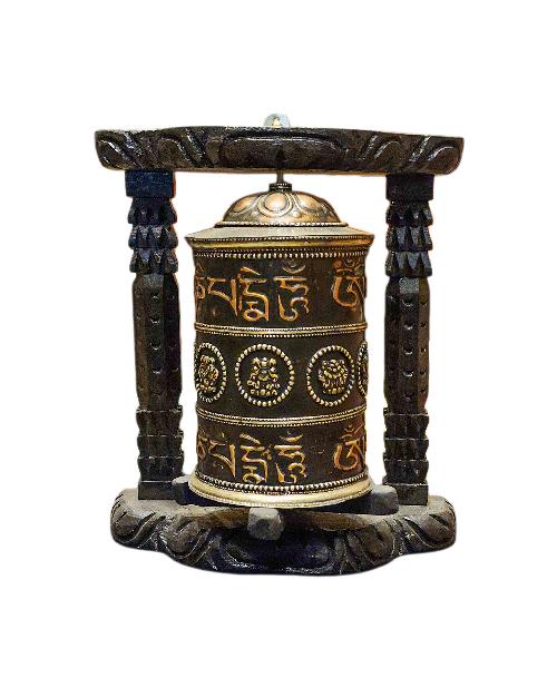 Buddhist Handmade Wall Prayer Wheel With Mantra Inside, [omph] And [ashtamangala] Design Wall Mountable