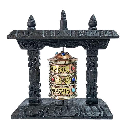 Buddhist Handmade Wall Prayer Wheel With Mantra Inside, stone Setting, omph, Wall Mountable